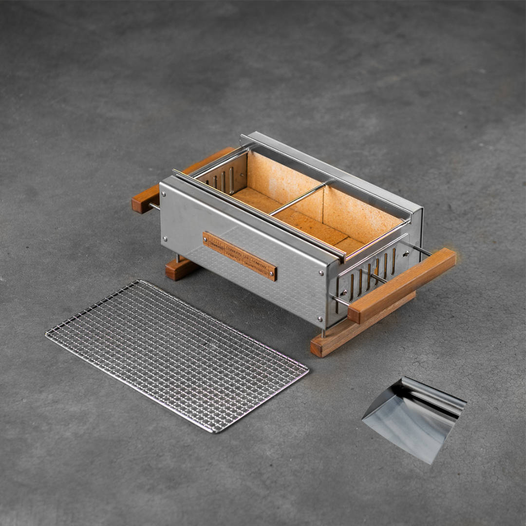 Hibachi Tabo Compact Grill - with yakitori rail and a Large Mesh Grill and Stainless Steel scoop